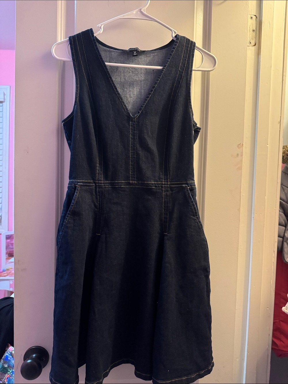 Girls Denim V-Neck Sleeveless Dress - Dark Blue